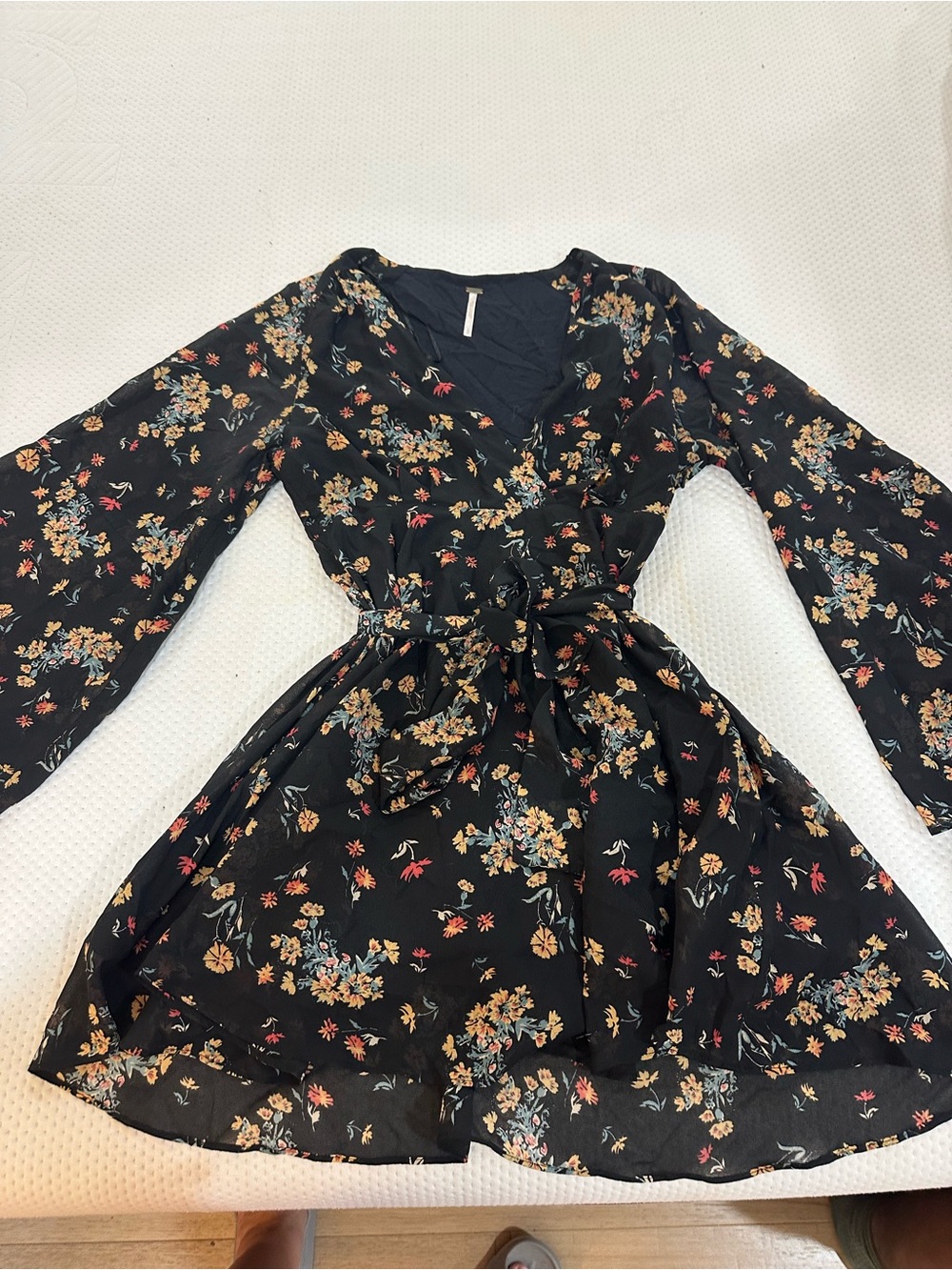 Black Floral Long-Sleeve Wrap Dress